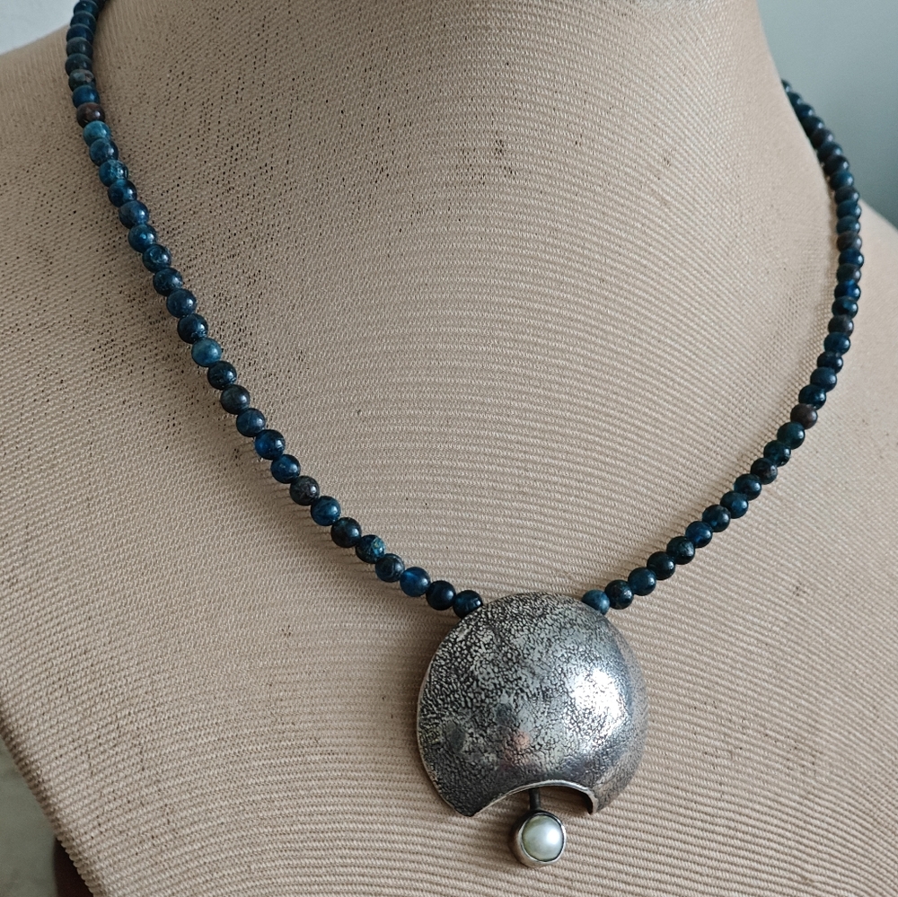 Modernist Sterling Silver and Genuine Apatite Beads Necklace Signed - Picture 6 of 15